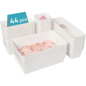 44 PCS Plastic Drawer Organizers Set, 4-Size Versatile Bathroom and Vanity Organizer Trays, Non-Slip Storage Containers for Makeup, Jewelries, Bedroom,Kitchen Utensils and Office, White