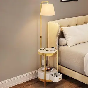 DWVO Floor Lamp with Table & Drawer, Side Table Lamp with USB & Type-C Charging Ports, 2 Power Outlet, 3 Color Temperature, E26 Socket, Suitable for Living Room, Bedroom, Office