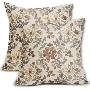 Brown Vintage Floral Pillow Covers 18x18 Inch Set of 2, Grey Gray Antique Flower Block Print Pattern Decorative Throw Pillowcases Outdoor Farmhouse Cushion Covers Art Decor for Sofa Couch Bed Home Decorative Cushion