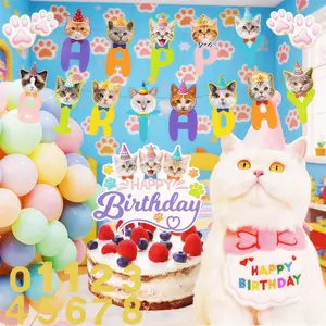 Birthday Party Supplies Set for Cat Owning Households All-in-One Cat Birthday Decorations Kit with Banner, Cake Topper, Hat, Bandana, Balloons, Number Stickers & Free Pump ,Adorable Cat Birthday Set for Home Pet Birthday Celebrations