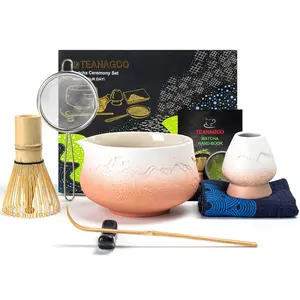 TEANAGOO 7 Pcs Matcha Whisk Set, Ceramic Matcha Set, Matcha Kit for Ceremony, Matcha Tea Set for Making Breakfast/Matcha Latte, Matcha Whisk and Bowl with Matcha Scoop&Sifter, Gift for Matcha Lover Utensils Kitchenware Gradient Pink White+