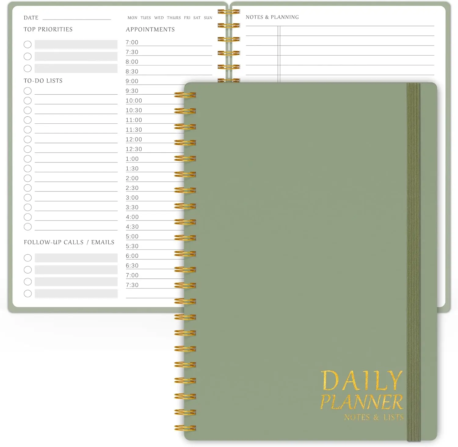 Daily Planner Undated Simplified To Do List Notebook with Hourly Schedules Spiral Appointment Organizer 5.5 x 8.5 Green Flexible Efficient Sturdy PVC Cover Elastic Closure Coil Binding