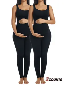 2 Pack Maternity Ribbed Knit Jumpsuit Overalls for Pregnant Women, Stretchy Sleeveless One-Piece Long Pants with Adjustable Fit and Soft Fabric, Prenatal Maternity Clothing