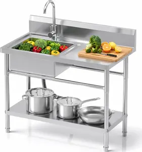 31.5-Inch Freestanding Stainless Steel Utility Sink, Single Bowl Kitchen Sink with Hot & Cold Water Faucet, Workbench & Storage Shelf, Indoor/Outdoor Laundry Farmhouse Sink for Kitchen, Bathroom, Laundry Room drop