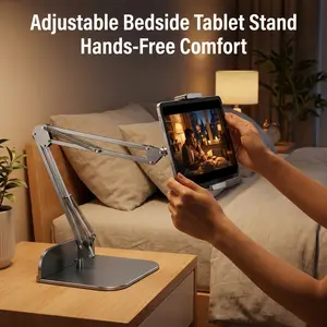 1 Count Bedside Tablet Stand with Metal Base, Universal Holder for Phone and iPad, Flexible Mechanical Arm Fits 4-12.9 Inch Devices, Clamp or Desktop Mount for Bed, Sofa, Kitchen Counter, 360° Rotatable