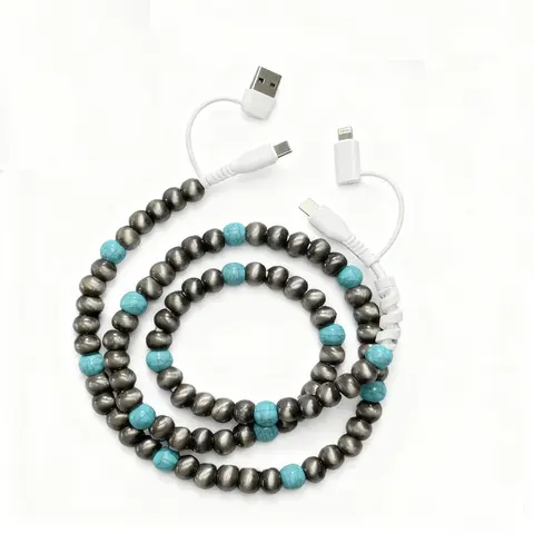 Beaded Cord 4-in-1 Charging Cable with Pink Beaded Heart - Phone Accessories, USB-C/Lightning/Typc Cable for Multi-Device Charging, Compatible with iPhone 16/15, iPad, Samsung Phones, Laptops