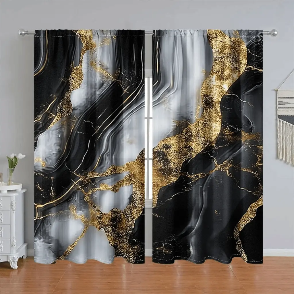 2Pcs Elegant Black Gold Marble Print Home Decorative Curtain Panel, Modern Abstract Art Style, Pole Pocket, Semi Sunshade, for Living Room, Bedroom, Balcony, Kitchen, Study, Shower Window Decor, Accessory, Anti Privacy.