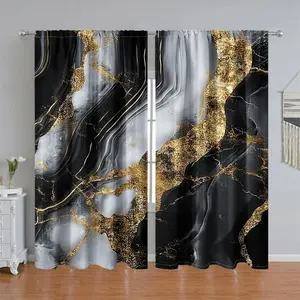 2Pcs Elegant Black Gold Marble Print Curtain Panel, Modern Abstract Art Style, Pole Pocket, Semi Sunshade, for Living Room, Bedroom, Balcony, Kitchen, Study, Shower Window Decor, Accessory, Anti Privacy.