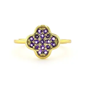 2.54 Ct Round Dark Purple Amethyst Prong Yellow Gold Plated Silver Four Leaf Clover Ring