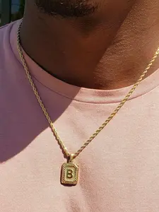 1pc Men’s Stainless Steel Square Initial Pendant Necklace, A–Z Letter Chain