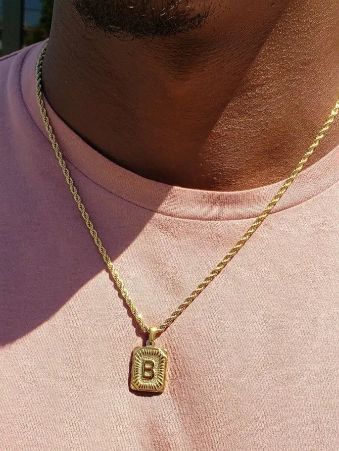 1pc Men’s Stainless Steel Square Initial Pendant Necklace, A–Z Letter Chain