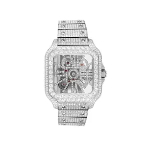 Stainless Steel Moissanite White Tone Skeleton Dial Mens Watch