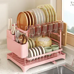 Dish Drying Rack, 2 Tier Large Dish Drying Rack for Kitchen Counter with Drainboard, Carbon Steel Dish Drainer with Anti-Rust Coating for Dish/Knifes/Cup/Cutting Board, Pink