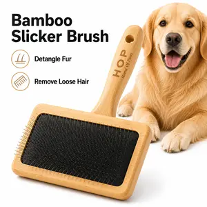 Pet Slicker Brush for Long-Haired Pets - Professional Detangling Grooming Tool for Poodles, Curly Coats, Detangles Knots, Tangle-Free, Beauty/Hair Care, Clean, Solid Wood Handle