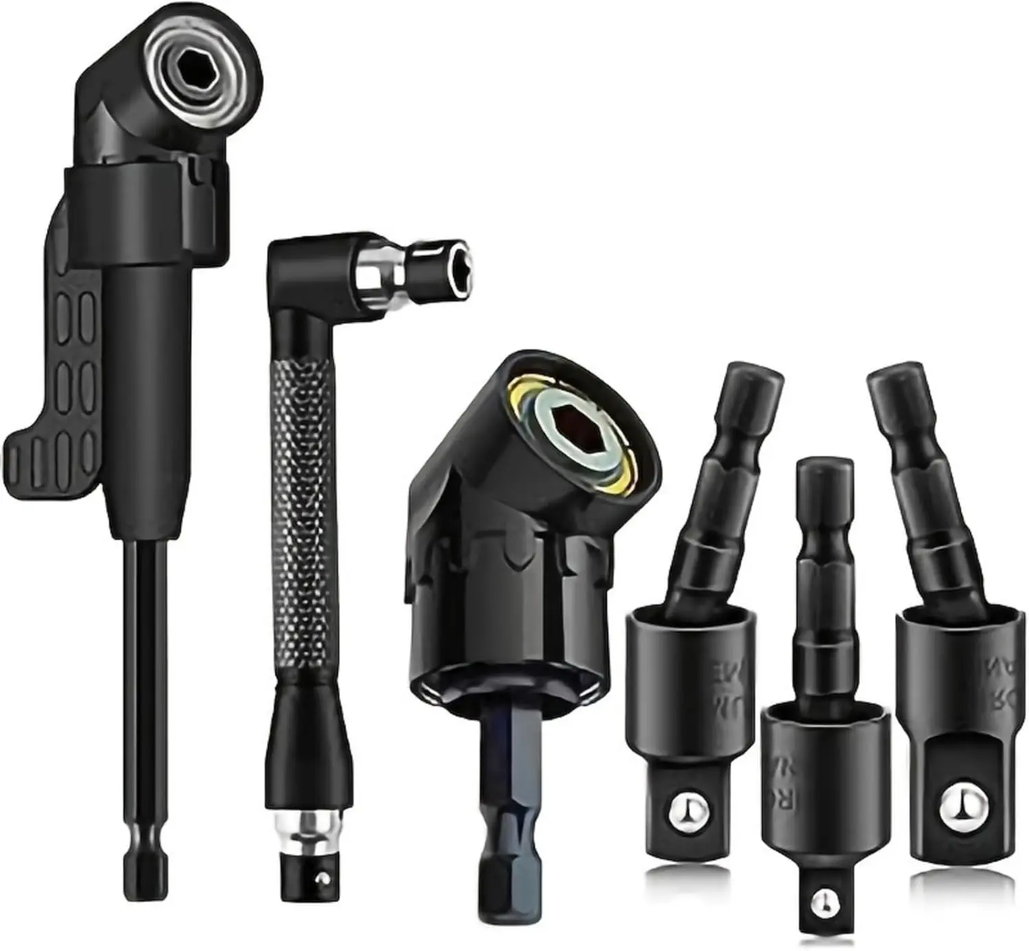 Right-Angle Drill Bit Accessory Set(6pcs), Including 3x 360° Rotatable 1/4", 3/8" & 1/2" Impact-Grade Socket Adapters, 2x 105° Hex Shank Angle Adapters & 90° Right-Angle Drill Bit, Heavy-Duty Tool Kit