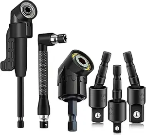 Right-Angle Drill Bit Accessory Set(6pcs), Including 3x 360° Rotatable 1/4", 3/8" & 1/2" Impact-Grade Socket Adapters, 2x 105° Hex Shank Angle Adapters & 90° Right-Angle Drill Bit, Heavy-Duty Tool Kit