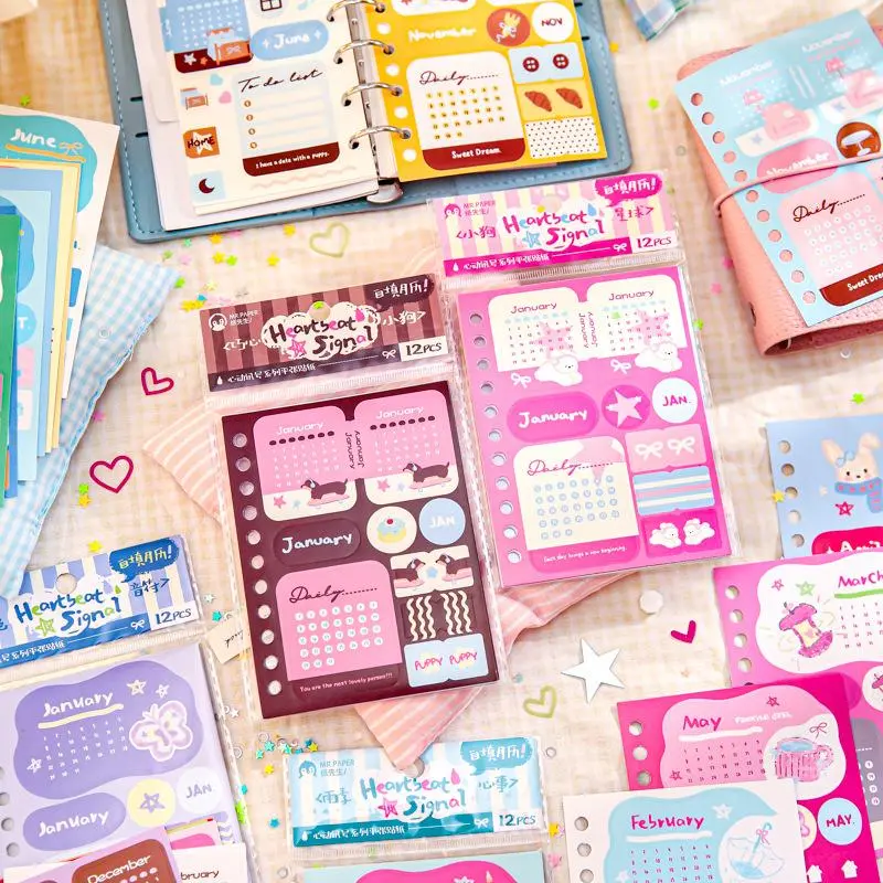 Self-Fill Monthly Calendar Stickers, Heartbeat Signal Series, Korean Style Illustration Handmade Journal Stickers, Aesthetic Stickers, Sticker Packs