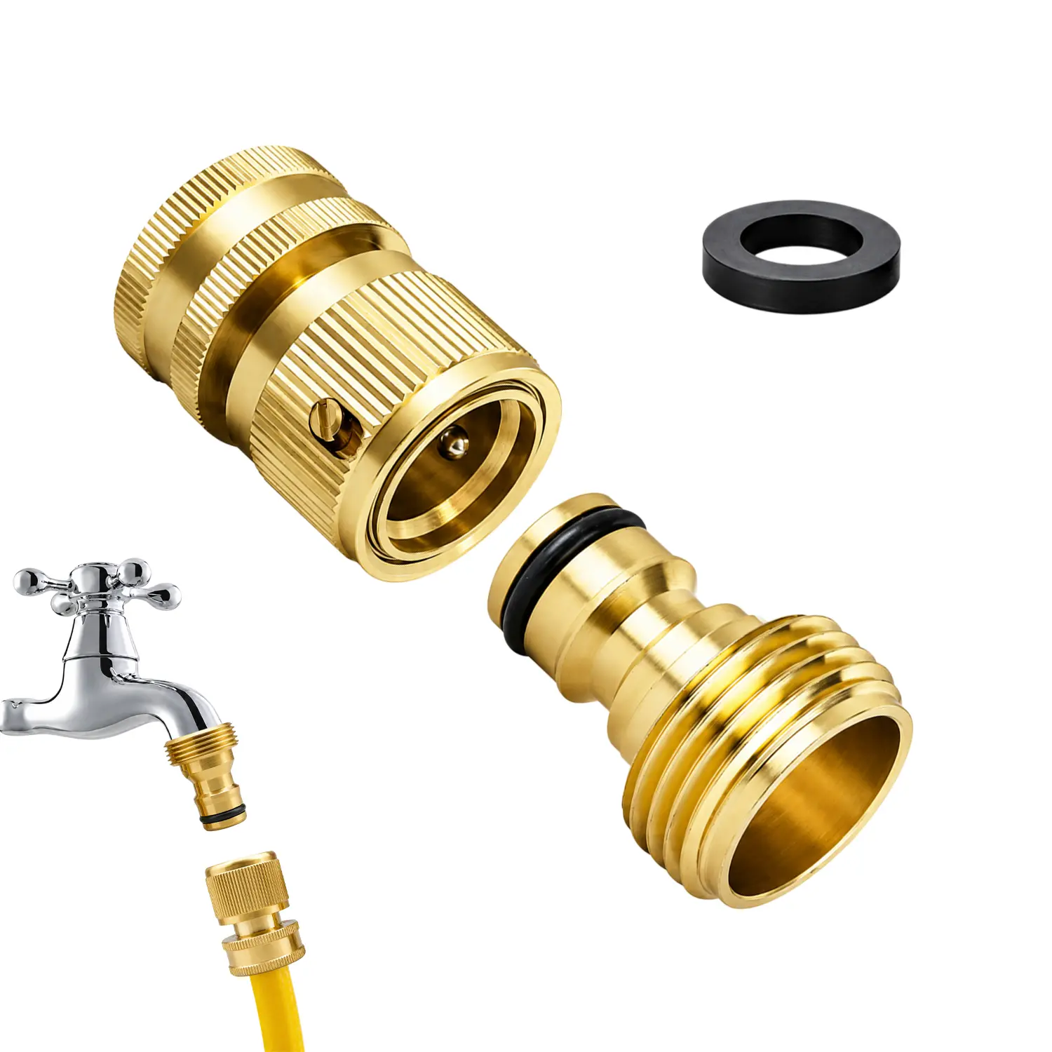 Garden Hose Quick Connector, 1 Set Solid Brass 3/4 Inch GHT Thread No-Leak Male Female Water Hose Adapter Fitting, Gardening Tool Accessory (Sprayer Not Included), Summer Accessories,summerwins