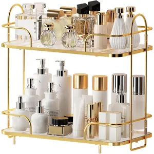 2 Tier Corner Bathroom Counter Organizer, Cosmetic Skincare Organizer, Bathroom Countertop Perfume Tray Vanity Organizer, Kitchen Spice Corner Storage Shelf