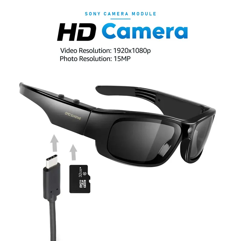 OhO Sunshine Focus Camera Wearable Multifunctional Smart Glasses - 15MP, Full HD 1080p, 32GB Built-in Memory, Glossy Frame, UV400 Black Lenses + Extra Transparent & Yellow Lenses, for Cycling/Fishing, Rechargeable Batteries, Electronic Gadgets