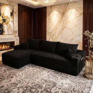 108"Cloud Sectional Sofa Couch with Cup Holder and Side Pockets,Modular Sectional Couch with L-Shape Chaise & Deep Seating, Corduroy Boneless Couch Convertible Sofa Bed for Living Room Bedroom, No Assembly Required,Black