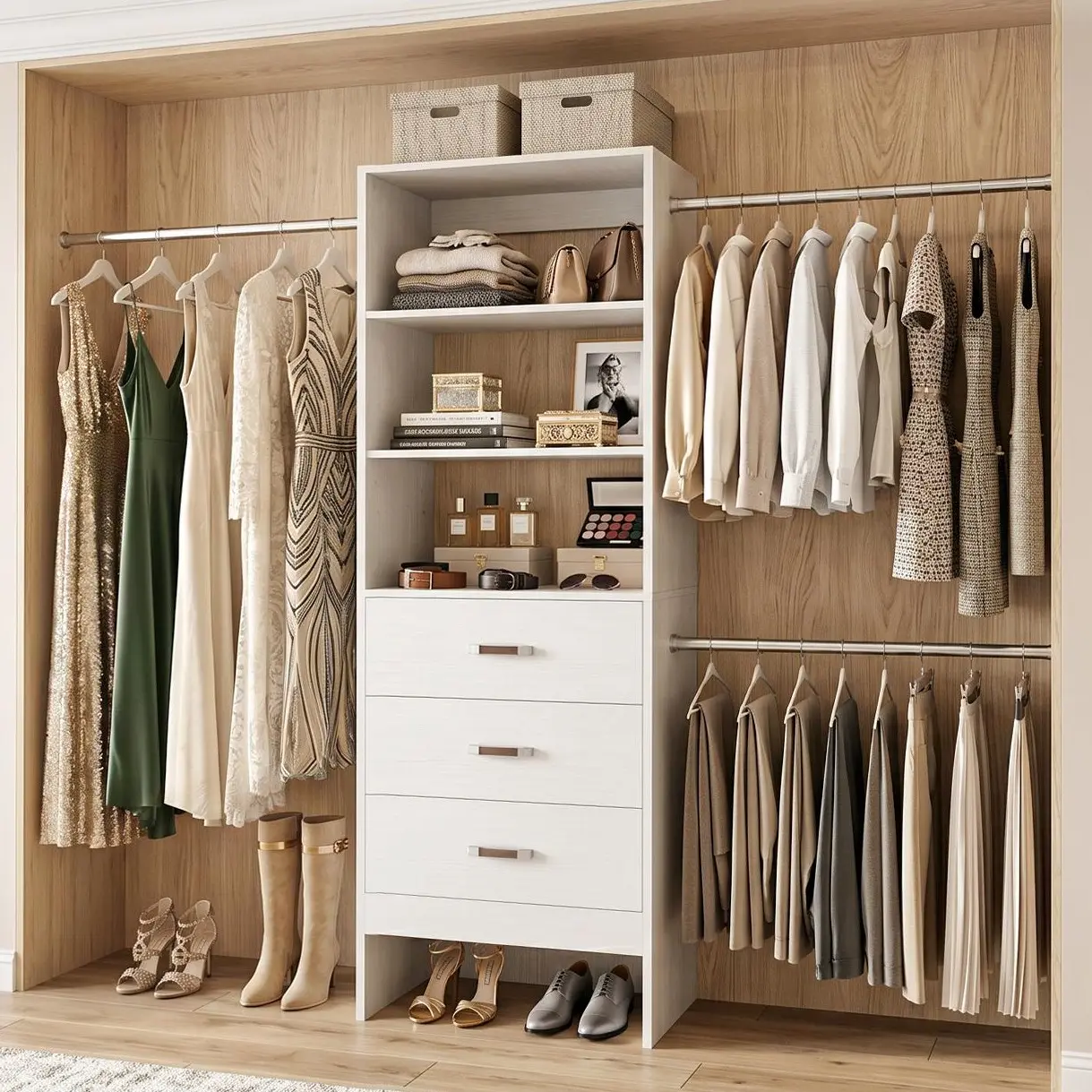 Armocity Closet System 25''W-96''W Closet Organizer Adjustable with 4 Wood Drawers,3 Hanging Rods,4 Wardrobe Rack