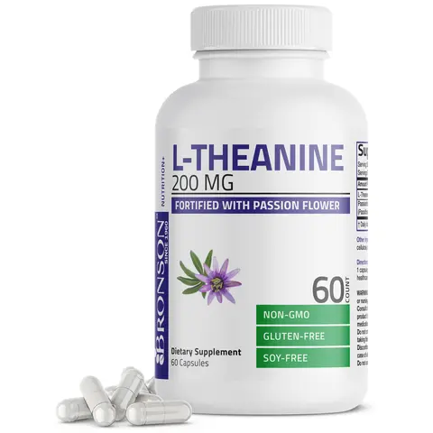 Bronson Natural L-Theanine Vitamin Capsules - 200 mg Daily Supplement, cGMP Certified, GMO-Free, Gluten-Free Soothing Stress & Mood Support Bottle for Adults