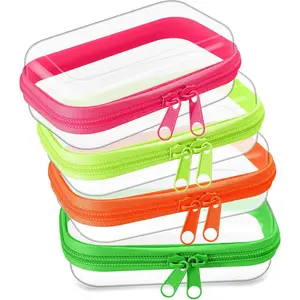 4 Pcs Hard Clear Zipper Case Makeup Bags Plastic Zipper Pouch Transparent Storage Box Containers for Cosmetics, Snacks, Building Blocks, Puzzles(Clear,5 x 3 x 2 in,Fluorescent)