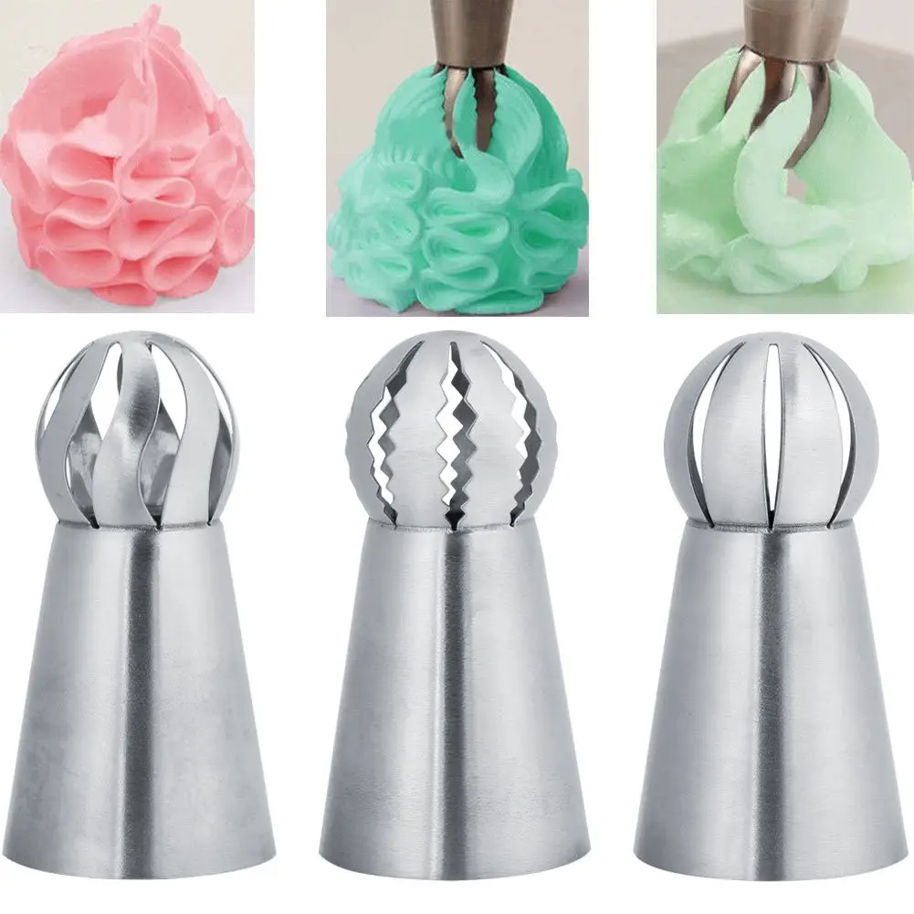 3-Piece Stainless Steel Russian Icing Nozzle Set, Ball Shape Cake Decorating Tool Kit, Cake Decoration Supplies, Kitchen Baking Supplies for Cupcakes & Cakes, Pastry Decorating Tools