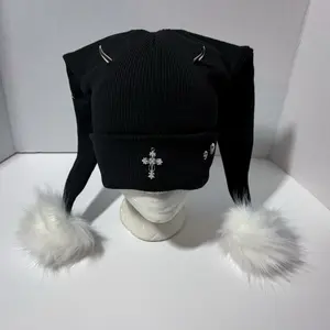Jester Hat with Crosses and White Pom Pom - Black Knit Beanie with Silver Studs and Fuzzy Tail
