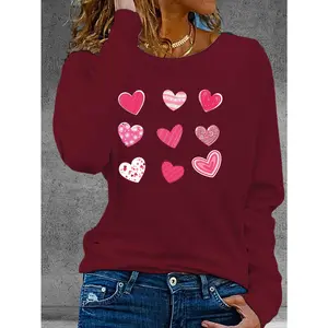 2026 New Valentine's Day Heart Print Women's Long Sleeve Crew Neck Casual Top, Machine Washable, All-season Wear, Loose Fit, Silky Fabric, for Home Leisure Daily Use