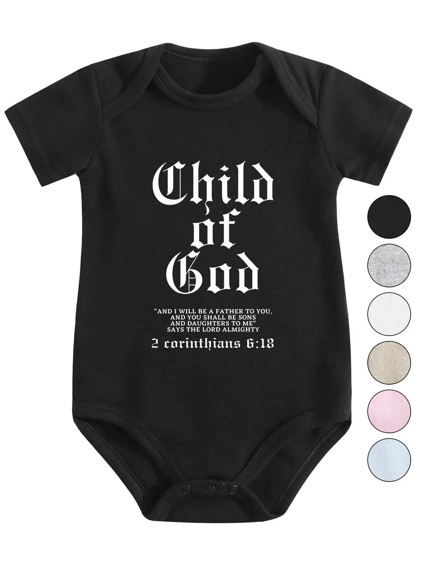 Black Unisex Baby Short Sleeve Onesie, Child Of God Gothic Font 2 Corinthians 6:18 Bible Verse Religious Faith Infant Cotton Bodysuit