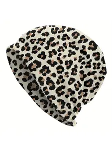 1pc Fashionable Leopard Print Beanie Hat for Men - Stretchable Knit Polyester Headwear with Elastane, Trendy Slouchy Cap