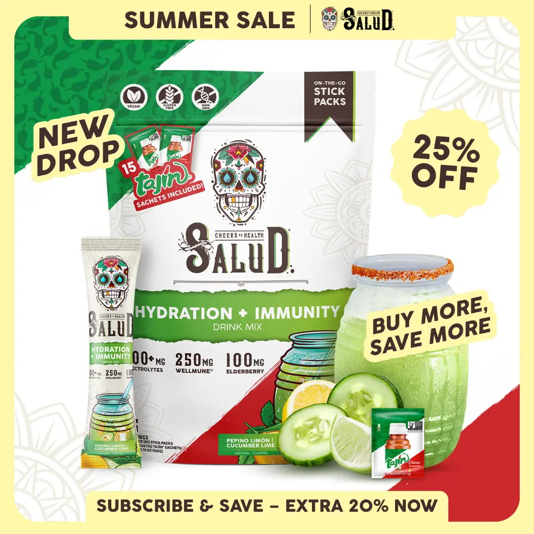 Salud x Tajín 2-in-1 [Hydration + Immunity] Electrolytes Powder, Agua Fresca Drink Mix, Elderberry, Dairy & Soy Free, Non-GMO, Gluten Free, Vegan, 1g Sugar (15 Servings of Salud and Tajín)