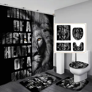 Creative Lion Print Shower Curtain Set, Mind of a Hustle Heart of a King, Includes Hooks and Non-Slip Mat, Home Bathroom Decor, Bathroom Decoration Accessories