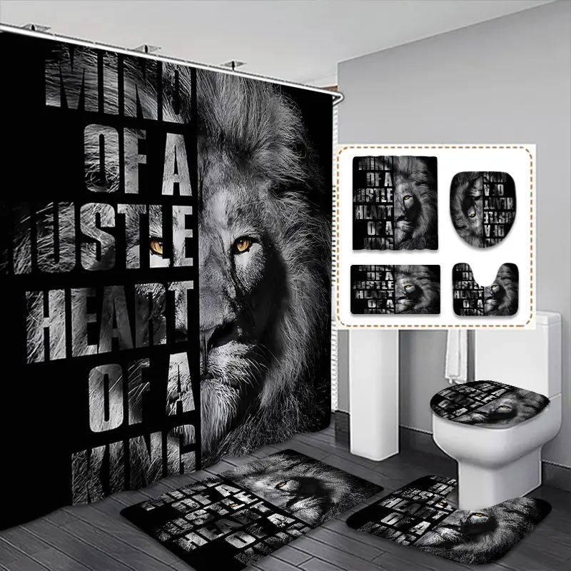 Polyester Waterproof Shower Curtain Set (1-4pcs) with Metal Hooks, Non-Slip Toilet Seat Mat, "Mind of a Hustle Heart of a King" Lion Print, Home Bathroom Decor Accessory