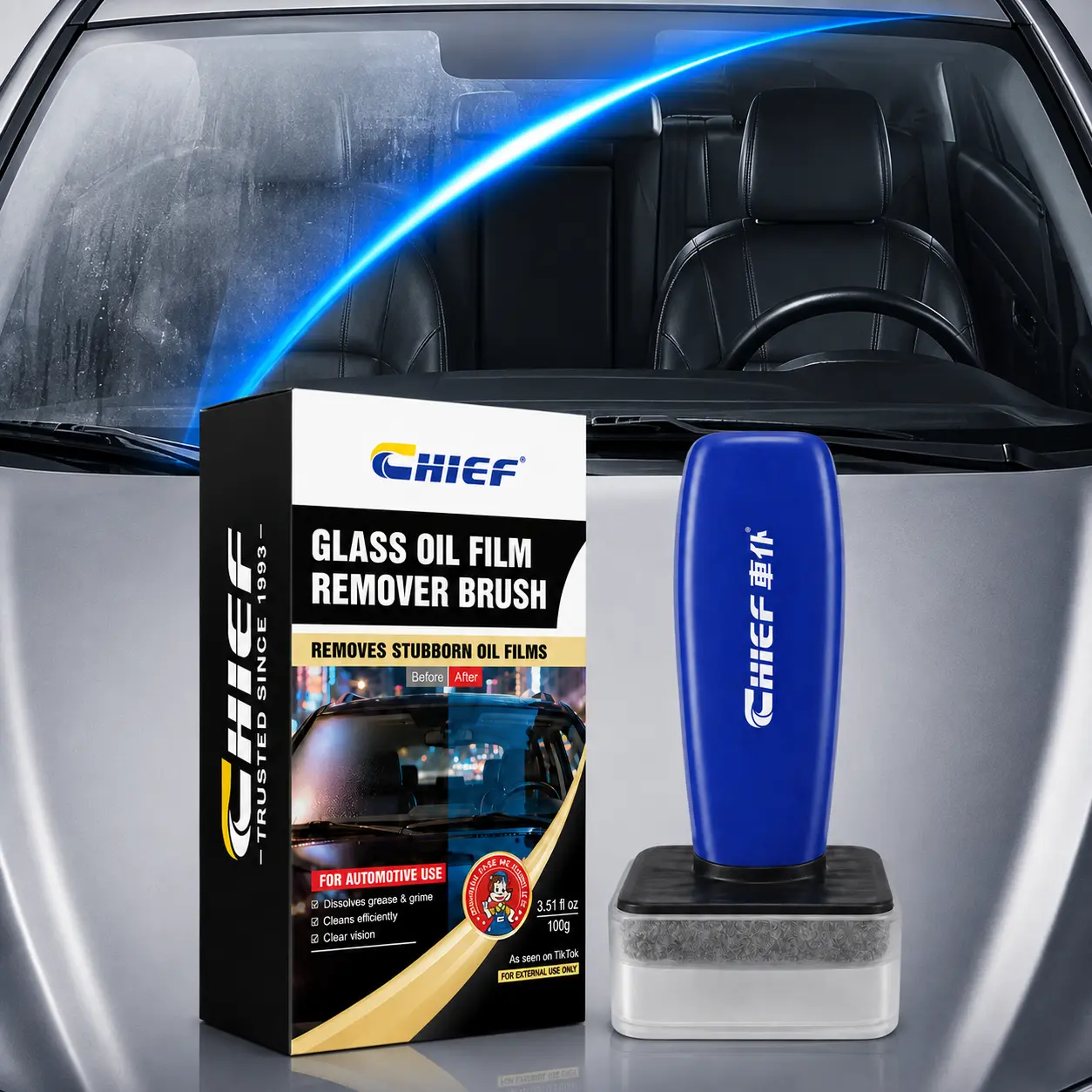 CHIEF Windshield Deep Cleaner for Daily and Night Driving, Road Film and Oily Residue Remover with Built-In Applicator, 3.51 oz#windshield deep cleaner #road film remover #windshield oil film remover #night driving windshield cleaner