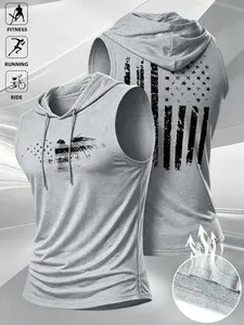 Summer New Casual Sporty Sleeveless Hooded Tank Top, Eagle Broken American Flag Pattern, Fashionable Daily Wear, Essential for Outdoor Activities