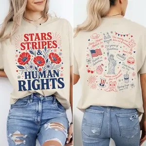 Stars Stripes and Human Rights Shirt, Subtle Doodle Liberal 4th Of July 2 sides Tee, Progressive Doodle T-shirt, Human Rights Activist Shirt Gift