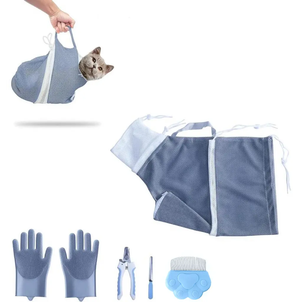 New Cat Bathing Bag Set, Adjustable Anti-bite and Anti-Scratch Shower Mesh Grooming Bag for Pet Dogs, Includes Pet Nail Clipper, Nail File, Small Animal Grooming Glove Kit , and Cat Essentials Bath Bag