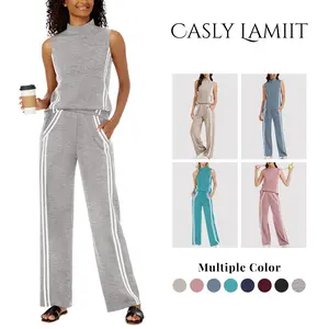 Casly Lamiit 2 Piece Sets for Women Summer Outfits Mock Neck Tank Top Wide Leg Pants Stripes Casual Loungewear Tracksuits Womenswear Clothes Sleeveless Tanktop Springfresh