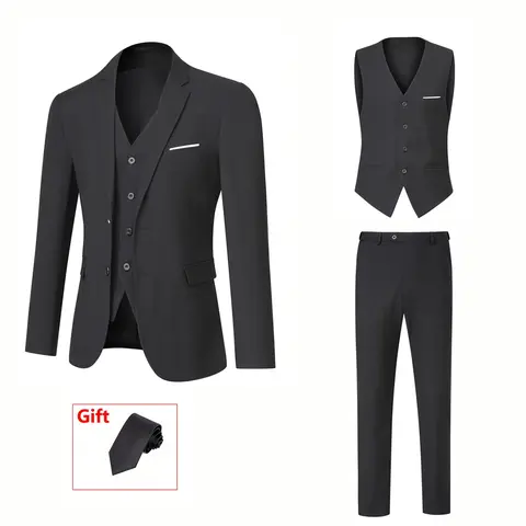Men's Fitted 3-Piece Solid Color Suit with Button Closure, Long Sleeve Jacket & Pants, Formal Business Wedding Wear, Beige Menswear Set