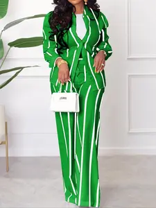 Women's Striped Print Button Front Shirt & Wide Leg Pants, Chic Elegant Casual Fitted Long Sleeve Collared Shirt & Trousers Set for Fall, Ladies Formal Clothes for Work Office Daily Wear, Two Piece Set Women, Casual Summer Set, Suits, Casual Fashion Set