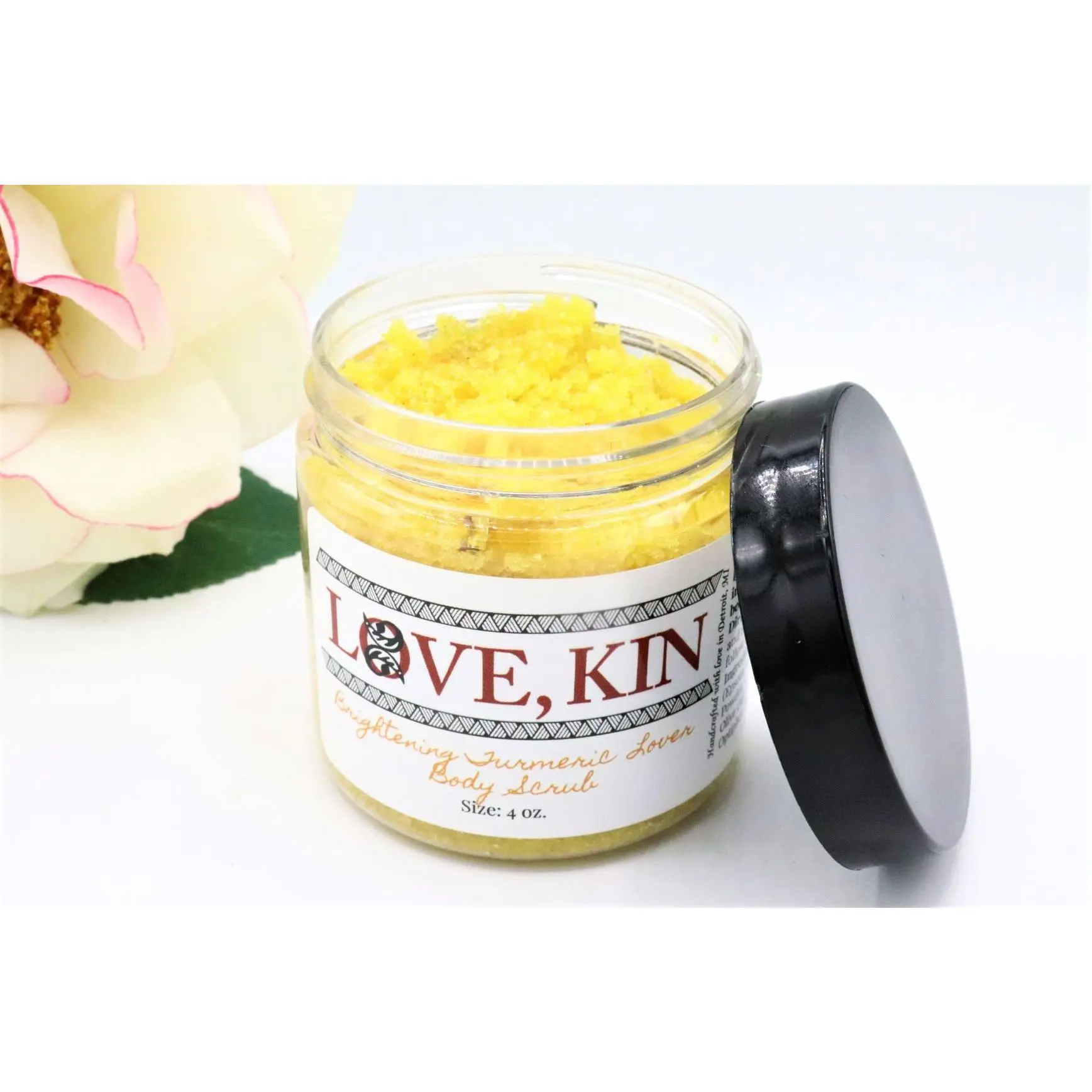 Love Kin Turmeric Brightening Body Scrub, a Hydrating Exfoliator with Organic Papaya for All Skin Types, Unscented, 4 oz, Peppermint, Sensitive Skin, Dairy Free, Hydration