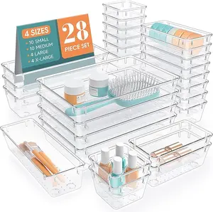 Clear Plastic Drawer Organizers Set - 28 PCS Trays for Makeup, Jewelry, Kitchen Utensils, Gadgets & Office Accessories in Boxes Cabinet Transparent Multicolor