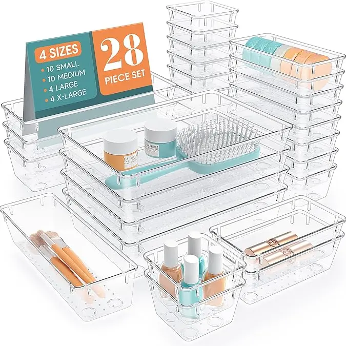 Clear Plastic Drawer Organizers Set - 28 PCS Trays for Makeup, Jewelry, Kitchen Utensils, Gadgets & Office Accessories in Boxes Cabinet Transparent Multicolor