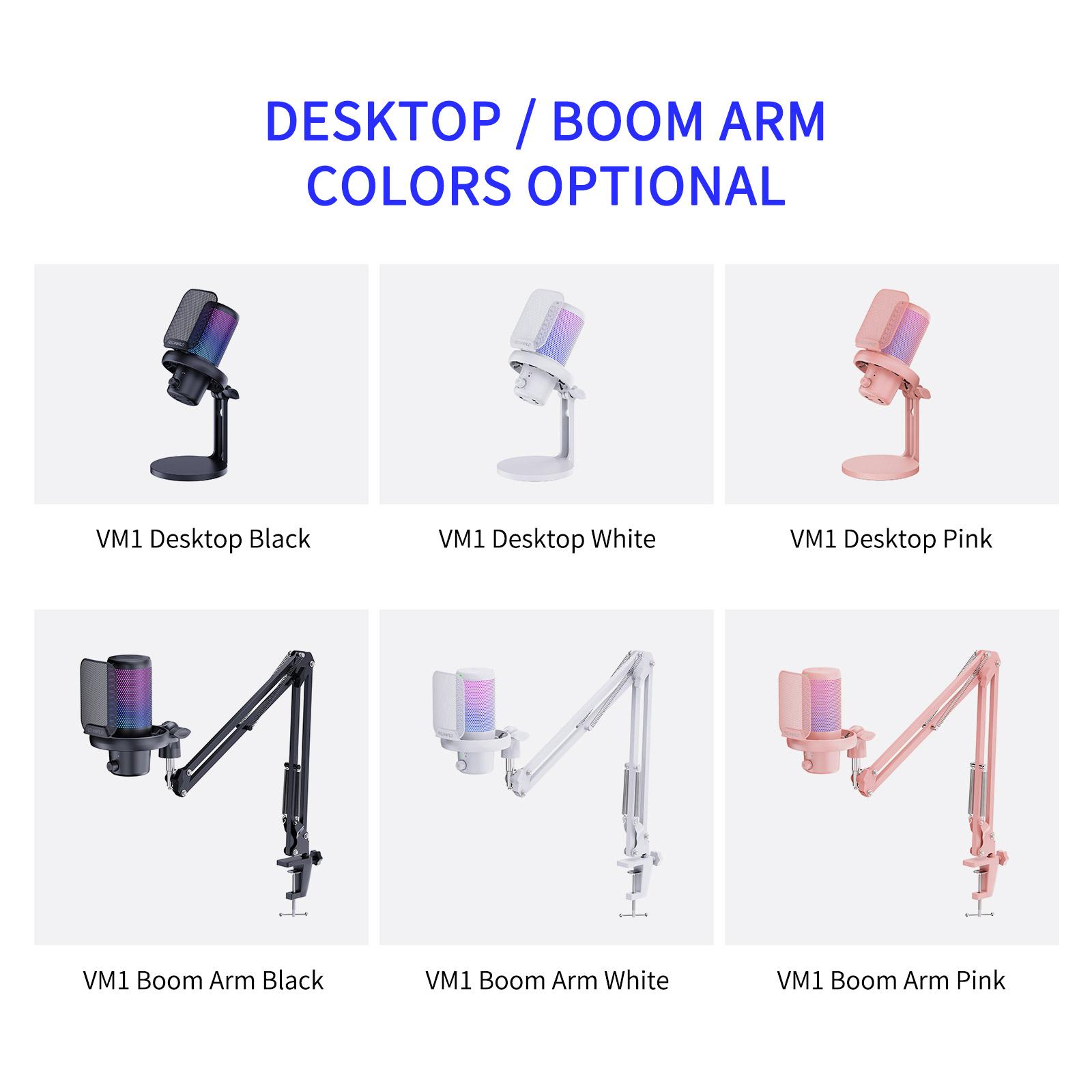 FEELWORLD VM1 White Gaming PC USB Microphone with Boom Arm Stand Noise Cancellation RGB Light Mute for Gamer YouTube Twitch Podcast Streaming Recording Chat PS4 PS5