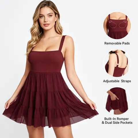 OYV Women's Square Neck Tiered Mesh Mini Dress - Casual Flowy Ruffle Sleeveless Sundress with Removable Padded Bust, Adjustable Straps, Built-In Shorts & Side Pockets for Summer