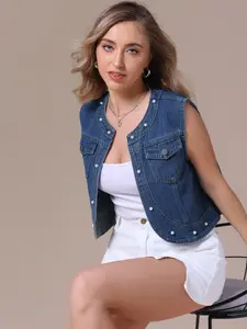 INSPIRE CHIC Women's Denim Vest Collarless Cardigan Chest Pockets Decor Pearl Sleeveless Jean Jackets