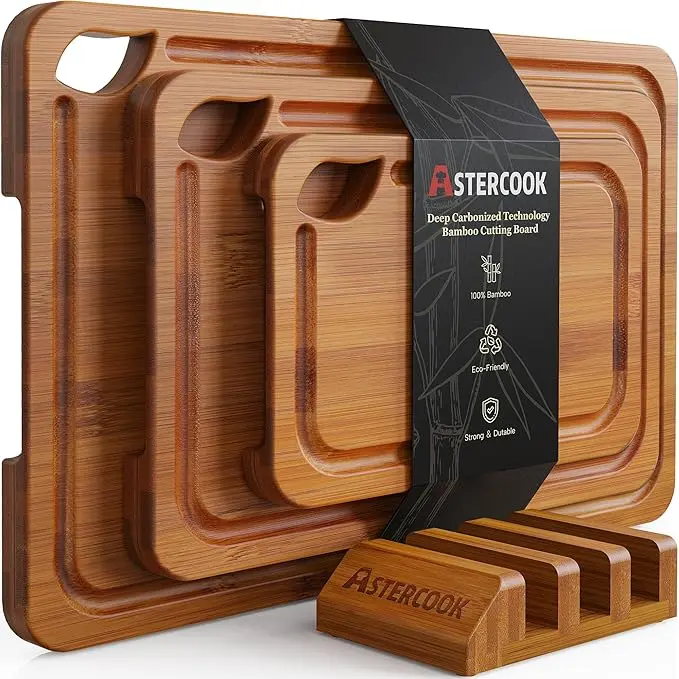 Bamboo Cutting Boards Set with Storage Stand, Reversible Chopping Boards with Juice Groove, Wood Kitchen Cutting Board Set for Meat Vegetables Fruit